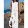 thumbnail image 5 of Women's Crew Neck Sleeveless Elastic Waist Slit Maxi Dress White S, 5 of 6