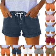 YHAJDS High Waisted Shorts Women Solid Color Tencel Linen Straight Leg Folded Hem With Pockets Weekend Wear