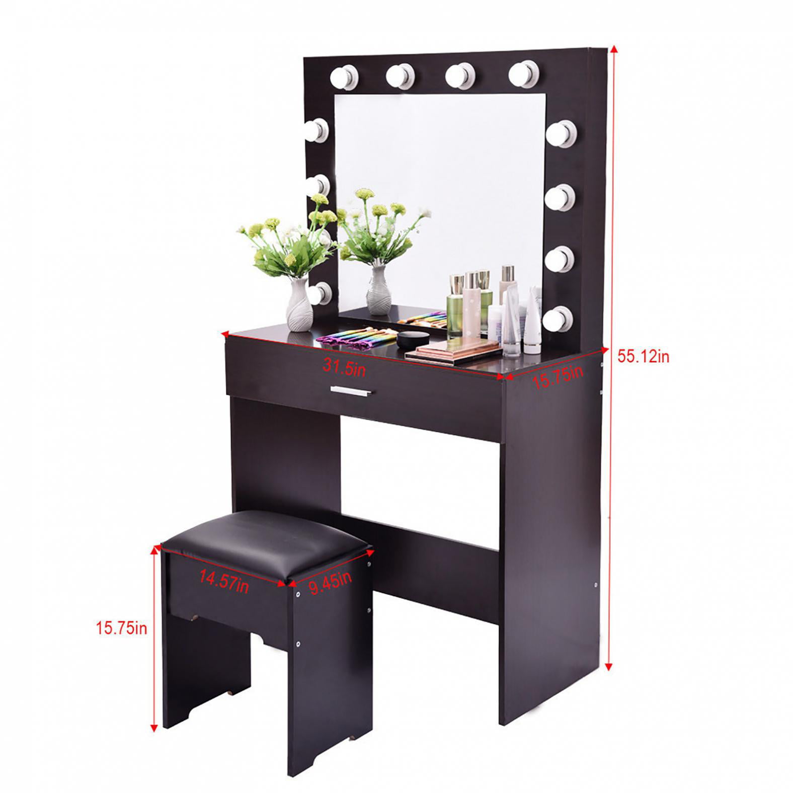 Details about   Makeup Dressing Table Vanity Set With Mirror 12 Led Lights for Bedroom Black 