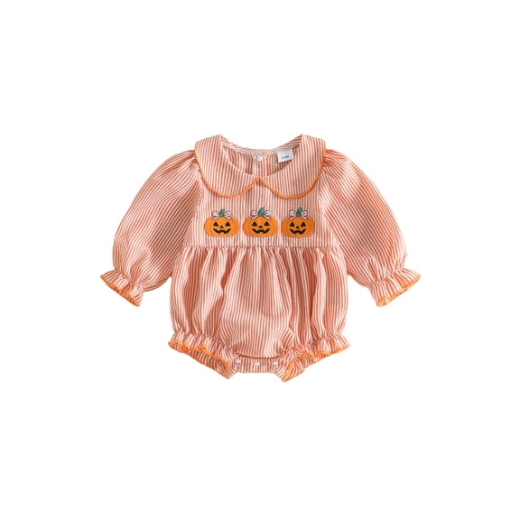 RUINIXCW Newborn Baby Girl Halloween Outfit Fall Bubble Romper Pumpkin Embroidered Striped Doll Collar Ruffled Long Sleeve Bodysuit Jumpsuit Playsuit