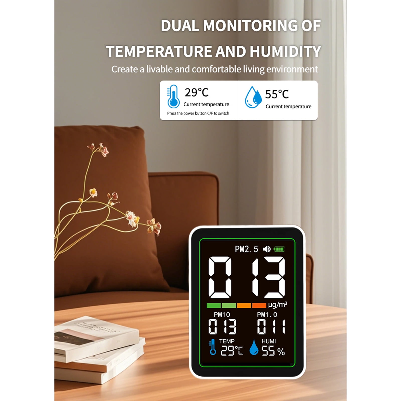5-in-1 Indoor Air Quality Monitor with LCD Color Screen - Real-Time PM1.0 PM2.5 PM10, Temperature & Humidity Sensor, USB-C Rechargeable, Portable Design