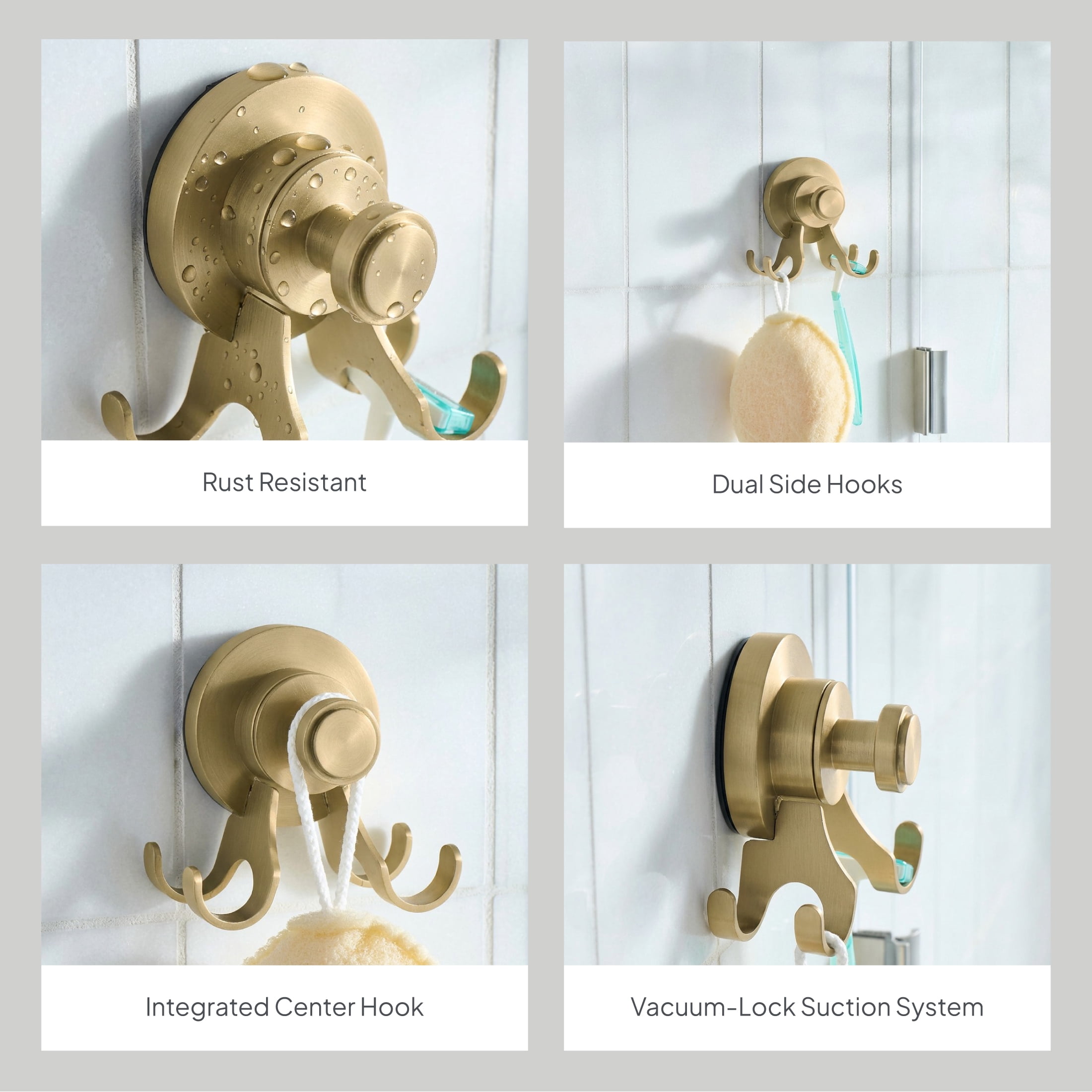 Better Homes & Gardens StyleGrip™ Suction Mount Shower Multi-Hook, Brass