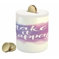 thumbnail image 1 of Saying Piggy Bank, Make It Happen Calligraphic Lettering on Soft Pastel Color Splash Cloud, Ceramic Coin Bank Money Box for Cash Saving, 3.6" X 3.2", Pale Blue Pink Lilac, by Ambesonne, 1 of 4