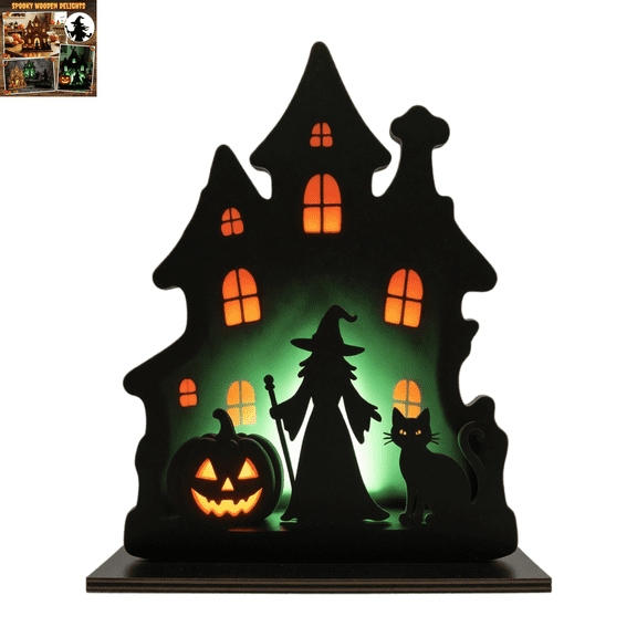Halloween Wooden Haunted House Witch Tabletop Decor, Classic Halloween Scene Silhouette with Jack O Lantern Black Cat, Freestanding Table Ornament for Entryway, Tiered Tray and Holiday Gathering A
