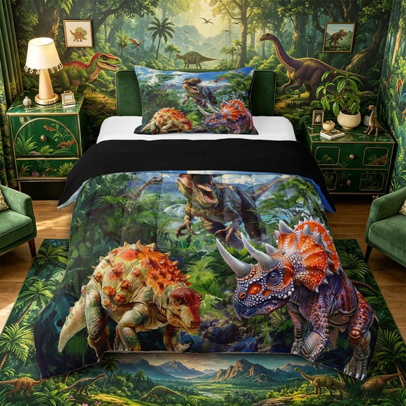 Metsweet Dinosaur T-Rex Twin Comforter Sets 2pcs, Prehistoric Jungle Bedding Set,Black Reversible,1 Comforter and 1 Pillowcase