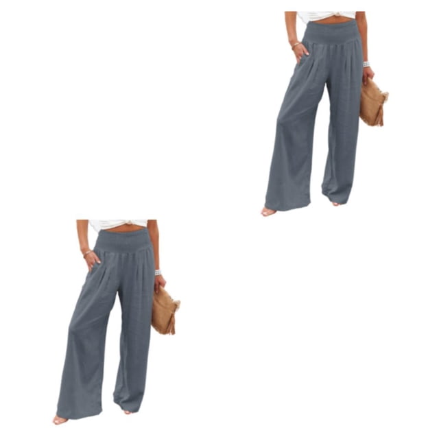 Pantalones Qarigey Mujer Verano Primavera color sólido Suelto Casual Pierna ancha Gris L 2piezas