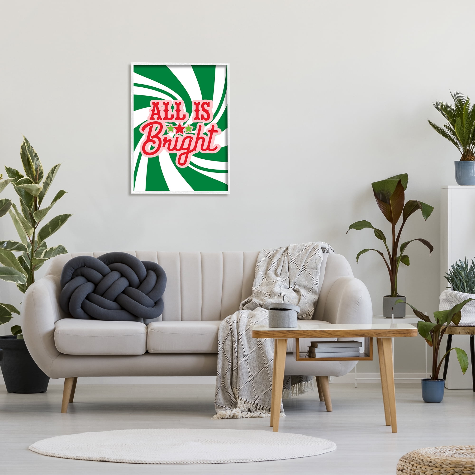 Stupell Industries All's Bright Bold Holiday Typography Green Peppermint Spiral Inspirational Painting White Framed Art Print Wall Art, 24 x 30