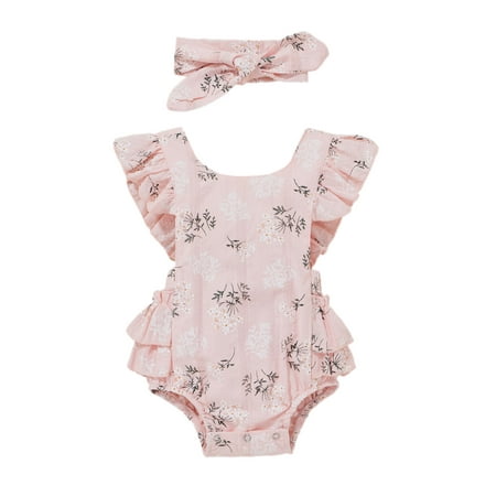 

Lieserram Baby Girls Daisy Playsuits Ruffled Bodysuit+Headband Print Fly Sleeve Romper Floral Jumpsuit Infant Summer Clothes，3 6 12 18 24 Months