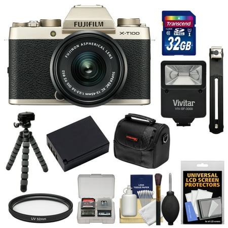 Fujifilm X-T100 Digital Camera + 15-45mm XC OIS PZ Lens (Champagne Gold) with 32GB Card + Battery + Tripod + Flash + Case +