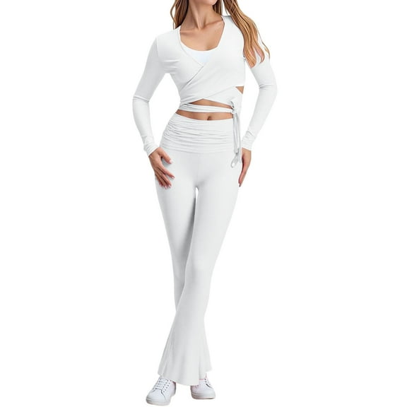 Fshinging Tops for Women Summer T Shirts Tie Wrap Top Long Sleeve Corss Deep V Neck Crop Shirt Slim Fit Dance Yoga Workout Lace Up Slim Trendy Clothes