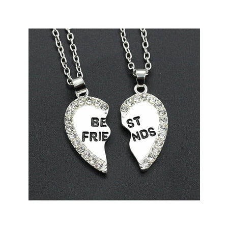 2pcs Crystal Half Love Heart Pendant Best Friends Necklace Friendship Gift - (Best Bitches Heart Necklace)