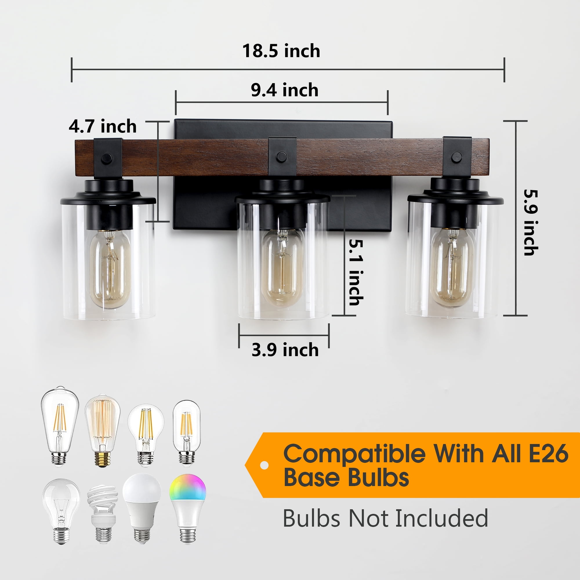 GCGAFUL Farmhouse Bathroom Vanity Light, 18.5 Inch 3-Light Black and Walnut Wall Sconce with Clear Glass Shades, Dimmable E26 Base