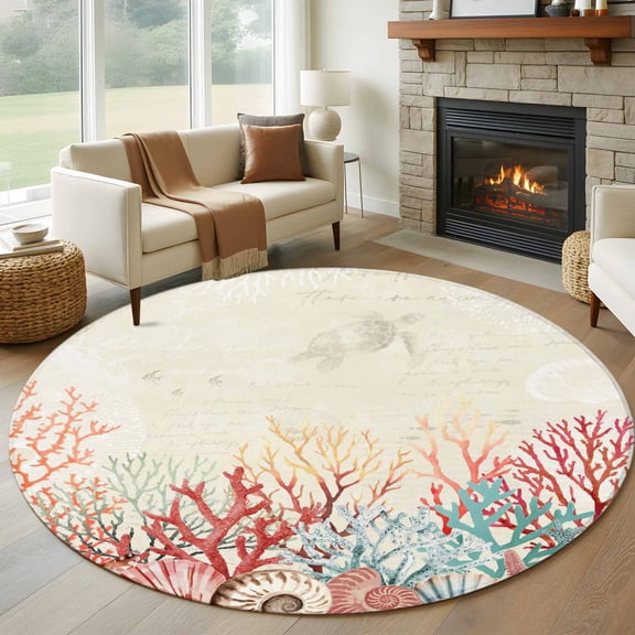 Red Coral Coastal Round Area Rug 7Ft Washable Circle Rugs for Dorm Laundry Room, Summer Beach Ocean Shells Starfish Turtle Non-Slip Carpet Floor Mats Indoor Outdoor Carpet Runner Aesthetic Home Decor