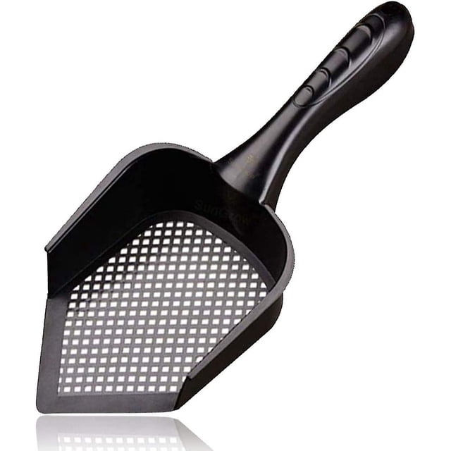 Pala para arena para mascotas, pala de plástico negra de 12" x 5" x 2", lados profundos e inastillables, borde puntiagudo para llegar a las esquinas, mango ergonómico