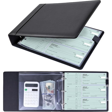3 Ring Personal Check Binder for 3-on-a-Pa End-Stub Deskbook & Holes or 9 Small Size Checks, PU Leather Holder Checkbook Cover with Zipper Pouch,