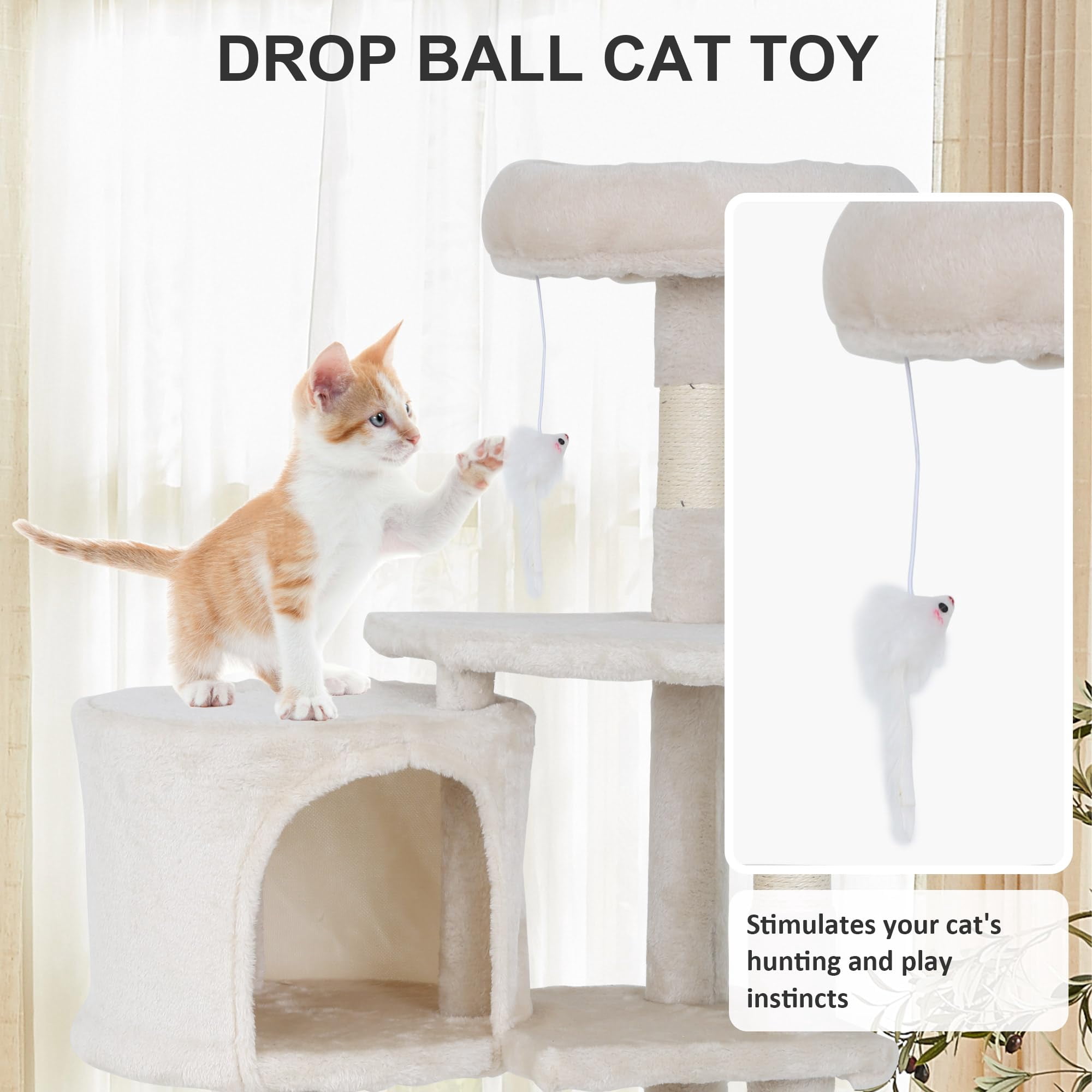 CL.HPAHKL Small Cat Tree for Indoor Cats, 37 Inches Cat Condo Furniture Activity Centre with Scratching Posts & Perch Bed Multi-Level Cat Tree House with Funny Toys for Kittens, Pets, Beige