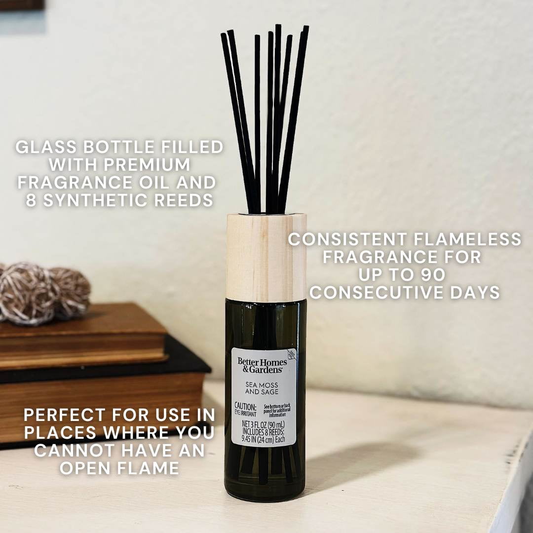 (3 pack) Better Homes and Gardens Sea Moss and Sage Scented Reed Diffuser 3 Fl Oz (90mL) With 8 Synthetic Reeds.