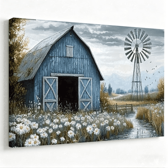 Vintage Farmhouse Blue Canvas Wall Art, Stretched Canvas Barn and Windmill Print, Rural Daisy Field Painting for Bedroom Kitchen, Ready to Hang 12×8