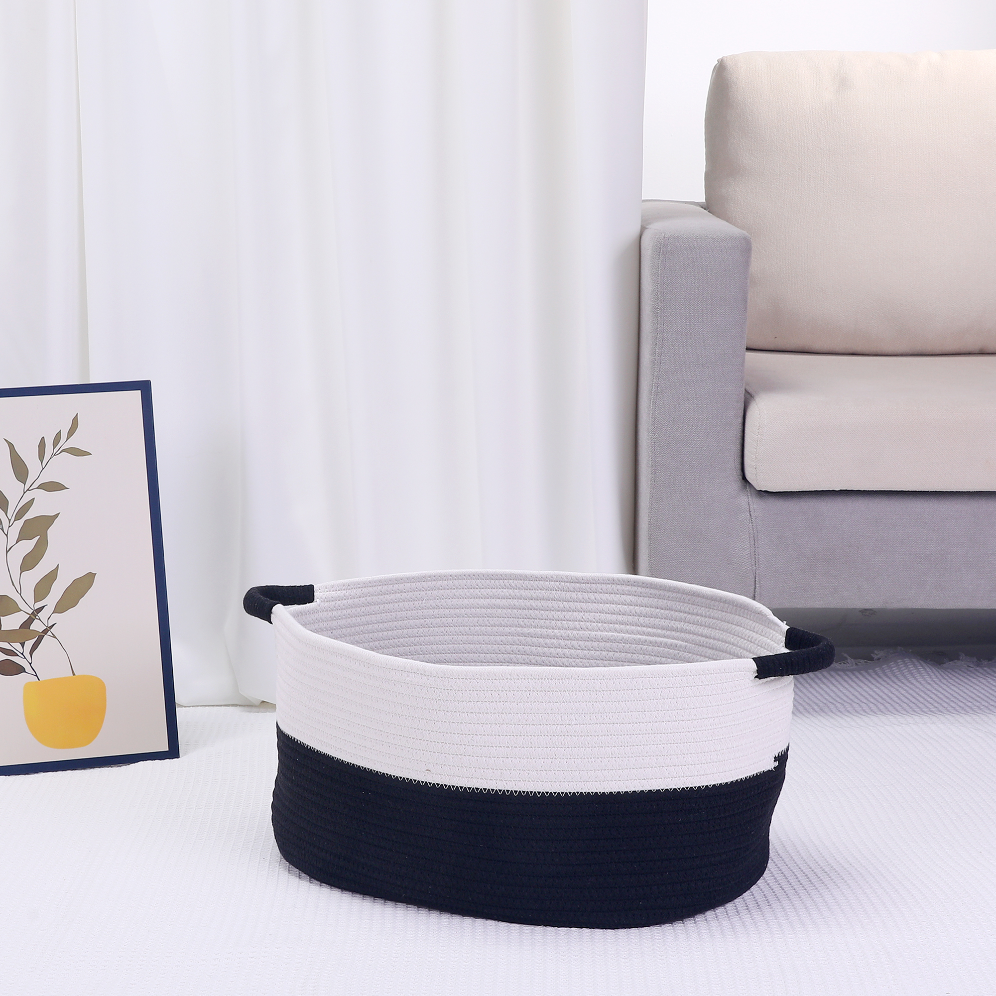 Unique Bargains Woven Storage Basket Bin with Handles White/Black 17*12.5*8.5in