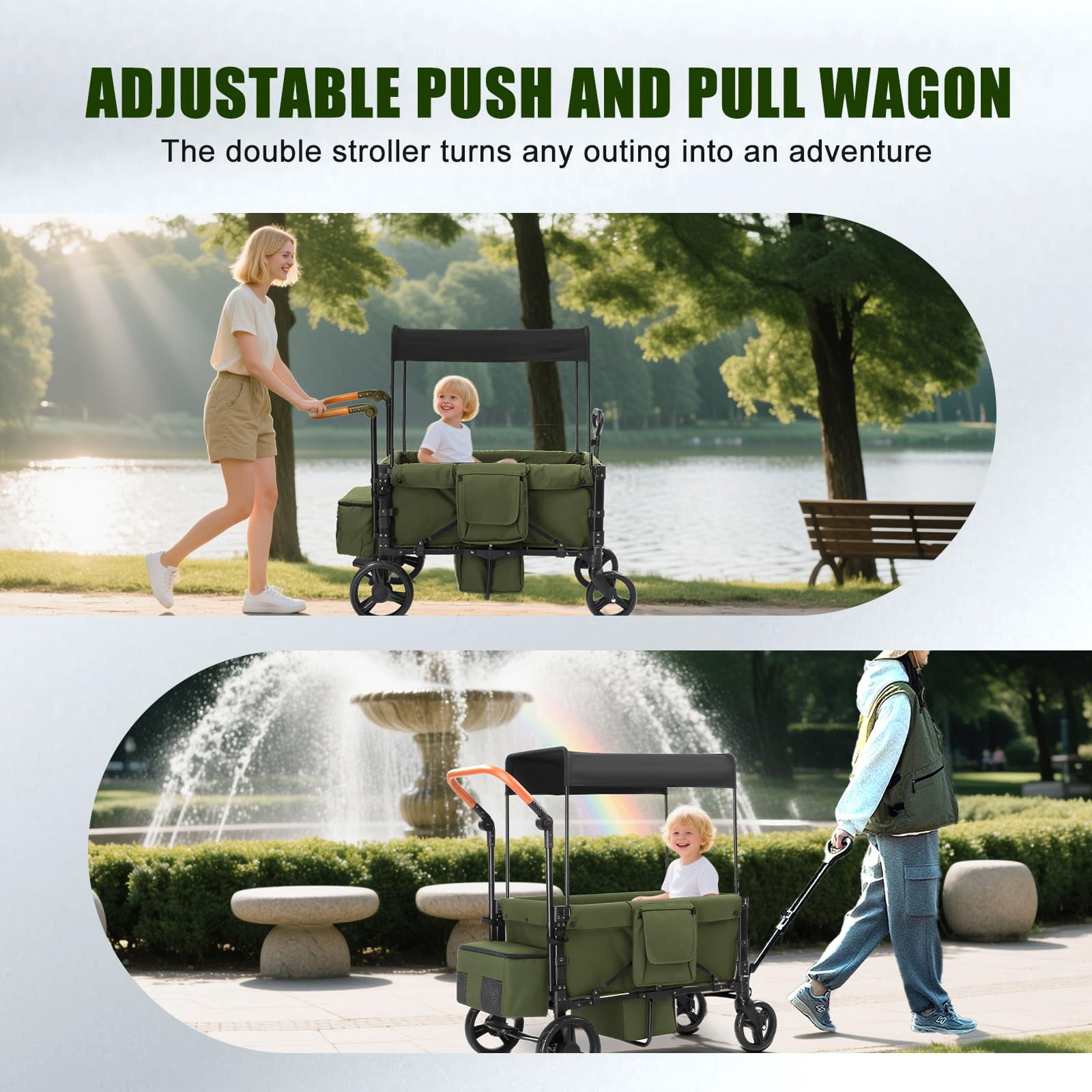 Wagon Stroller for 2 Kids, 3 in 1 Push and Pull Foldable Wagon with Footwell, All-Terrian Wheels, Includes Adjustable Canopy, Ample Organizer, 5 Point Harness (Black)