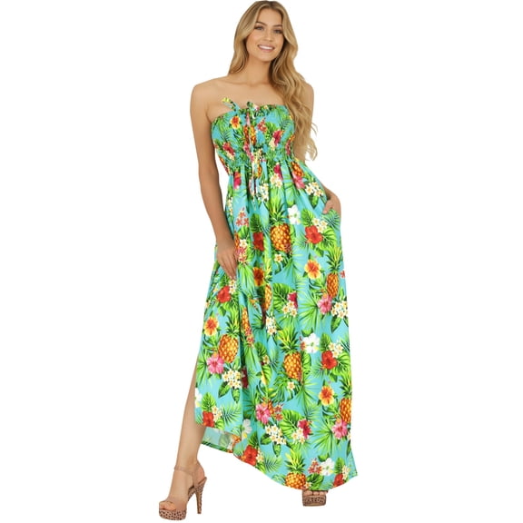 LA LEELA Women's Beach Maxi A-Line Casual Summer Slit Party Strapless Tube Top Dress One Size Shamrock Green, Tropical