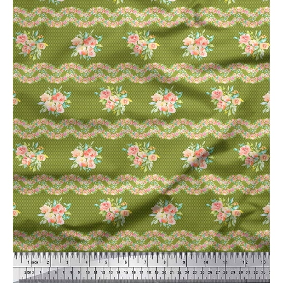 Soimoi Green Cotton Voile Fabric Leaves,Peach Flower & Stripe Printed Fabric 1 Yard 42 Inch Wide