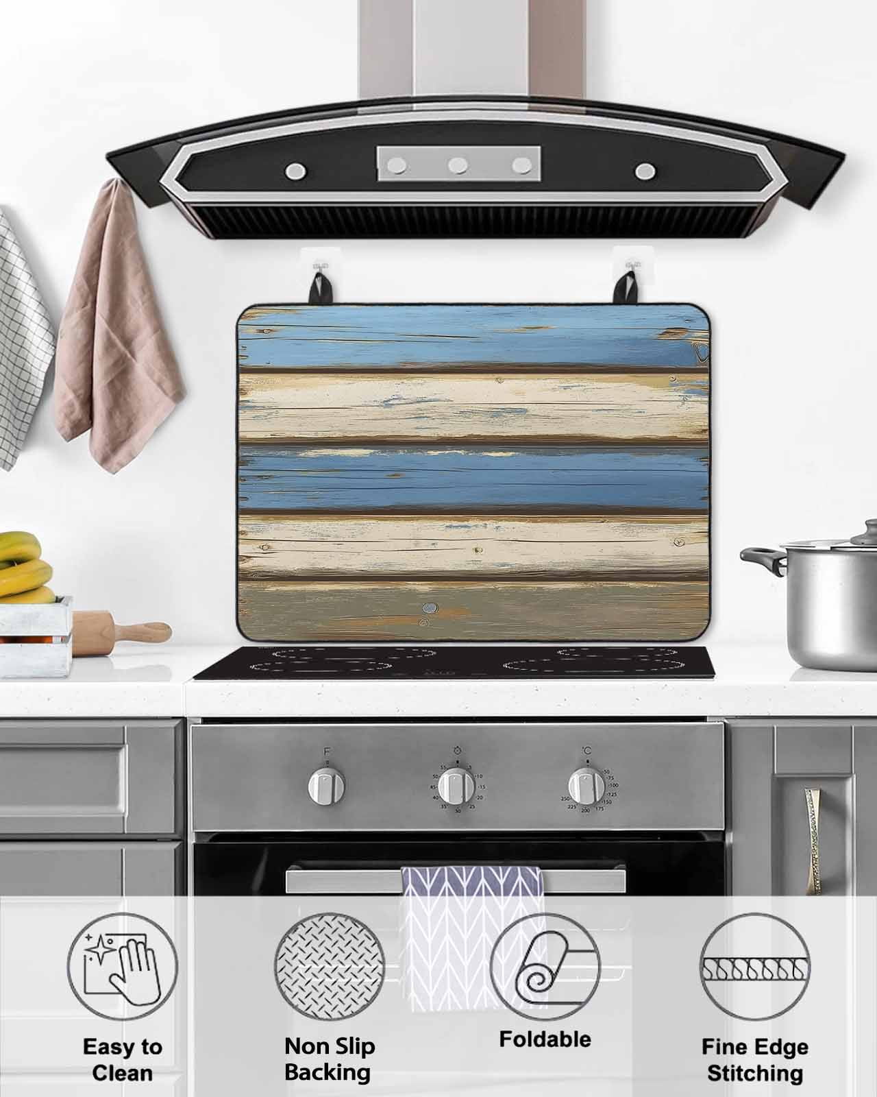 nqOlkjepod Large Induction Cooktop Protector Mat 36"x21", Blue Beige Wood Grain Stove Top Covers for Electric Stove, Modern Shabby Chic Board Stove Burner Cover Mats, Glass Top Stove Cover