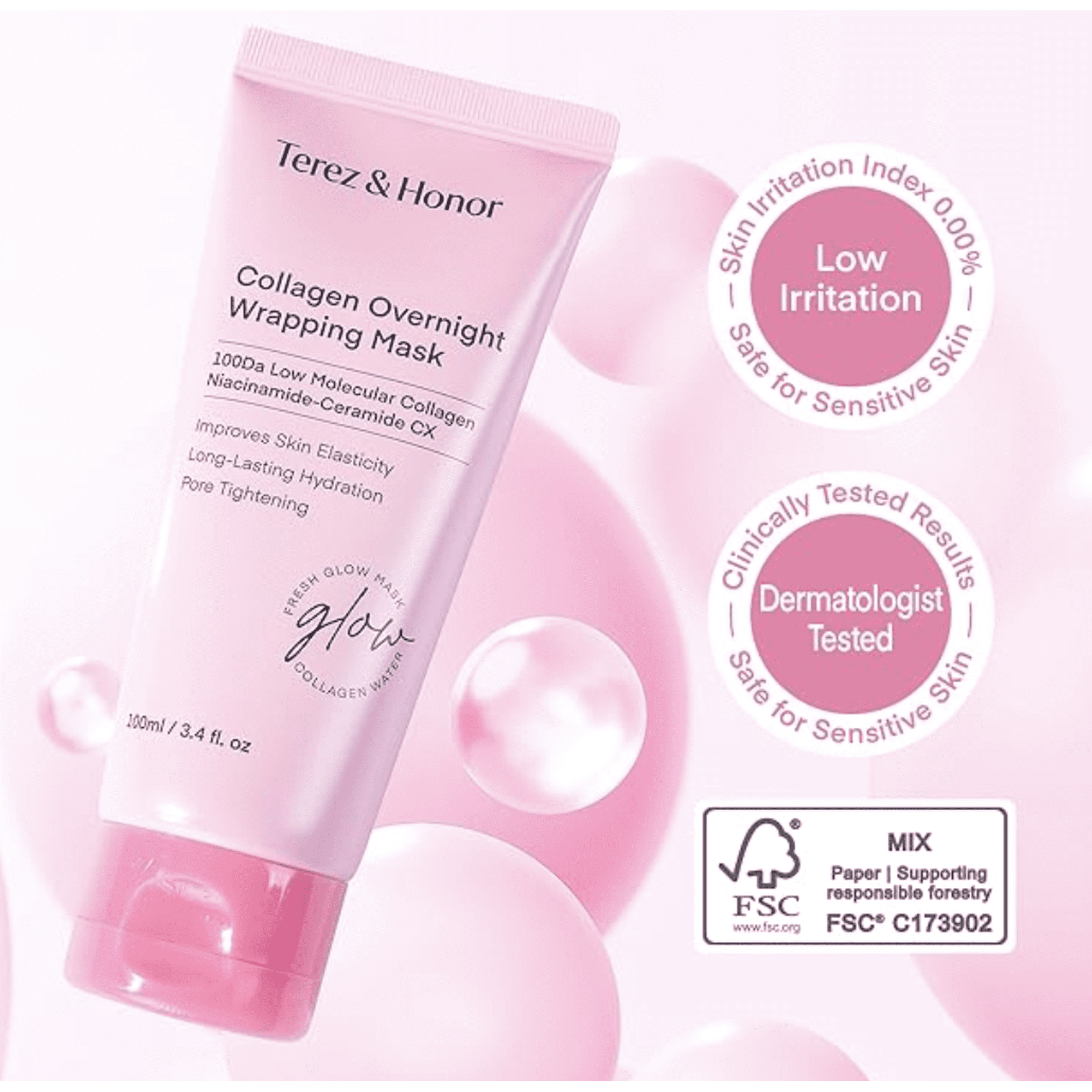 TEREZ & HONOR Collagen Night Peel Off Mask – Korean Hydrating Face Mask for Firm, Glowing Skin – 100Dalton Micro Collagen for Elasticity & Glass Skin – Dermatologist Tested, 3.4 FL OZ