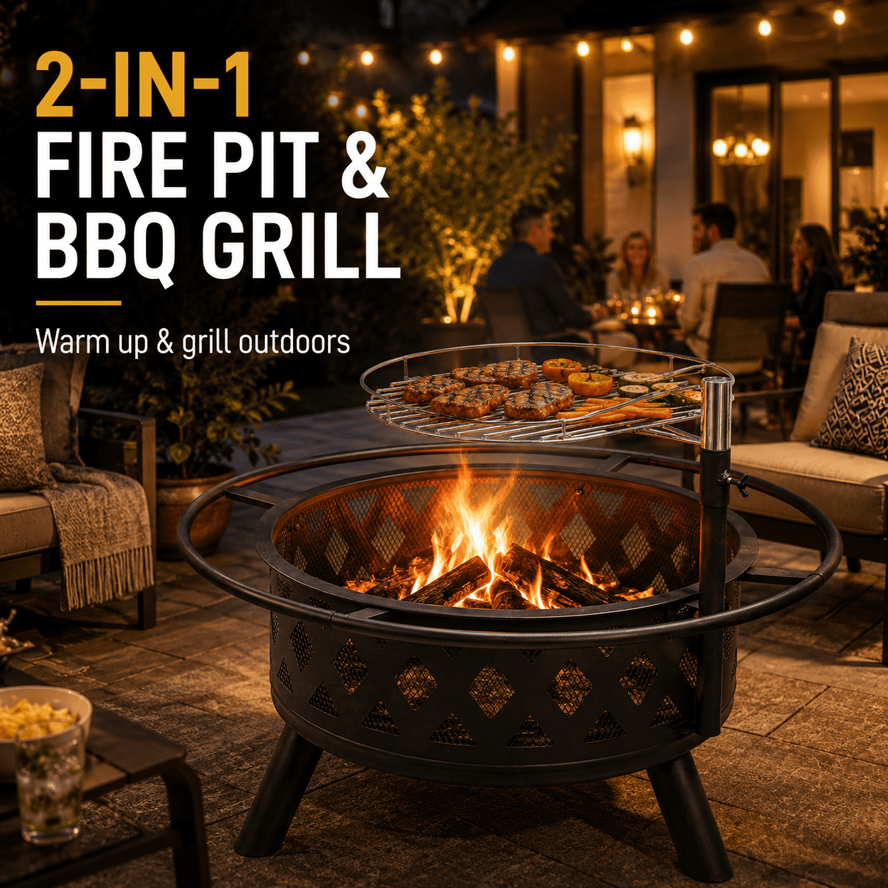 Seizeen Fire Pit with Grill, Metal Fire Pit for Outside Hollow-out Design, Wood Burning Outdoor Fireplace with Poker for Backyard Patio Garden, 30"