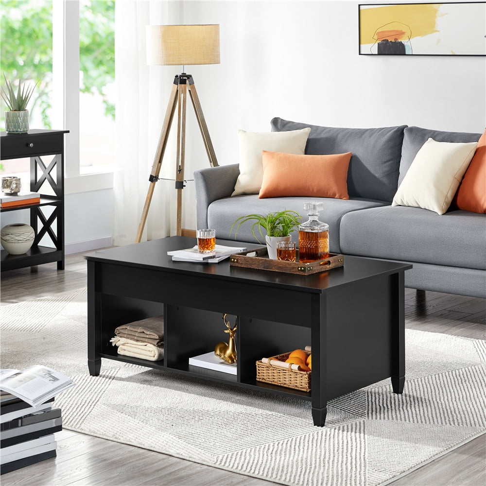 Alden Design 47.5 inch Wooden Lift Top Coffee Table with 3 Storage Compartments, Black