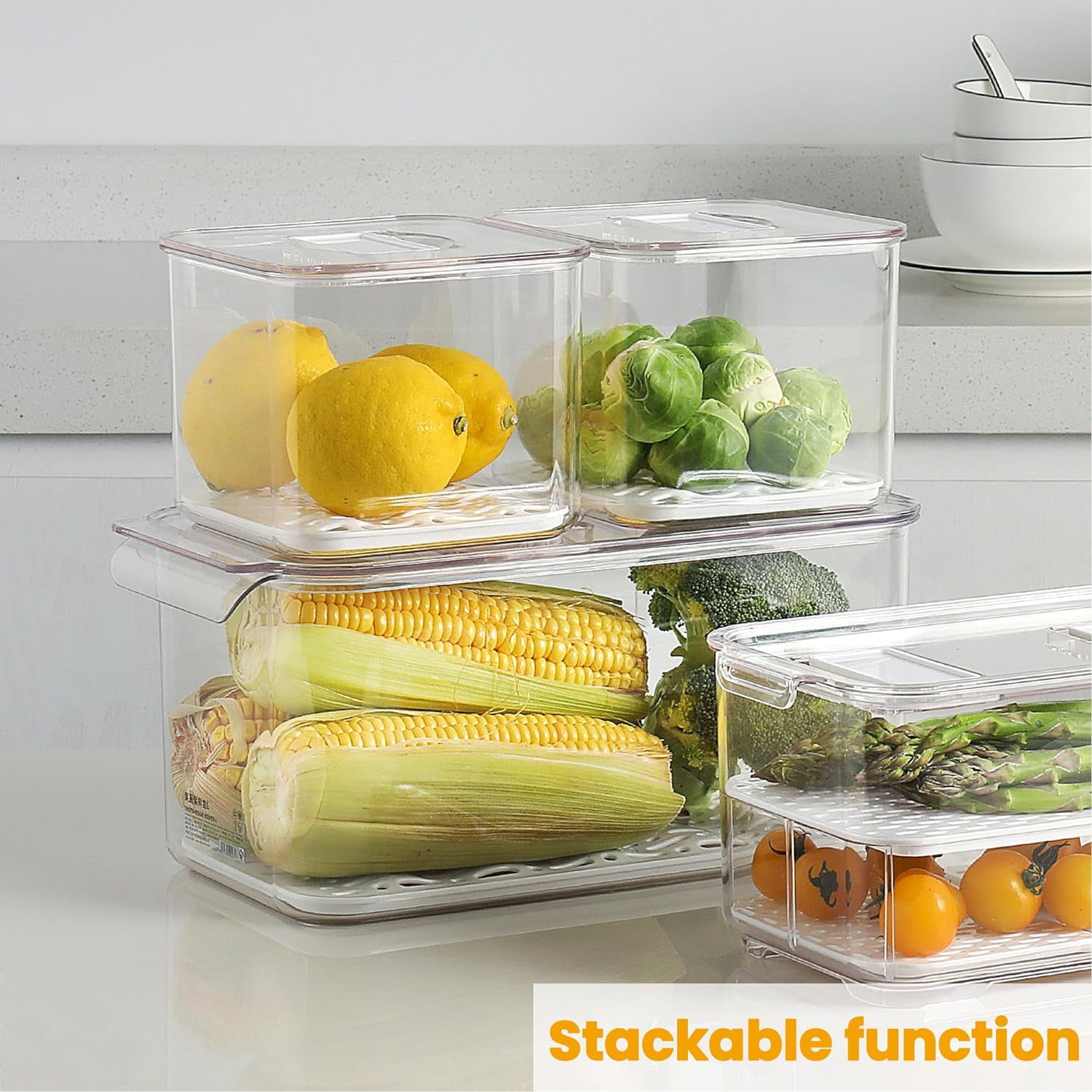 Extra Large Fruit Vegetable Storage Container with Folding Lids, 3 Pack Produce Saver with Vents Stackable Fridge Organizer Salad Lettuce Keeper For Refrigerator, 9L&5.7L&2.8L