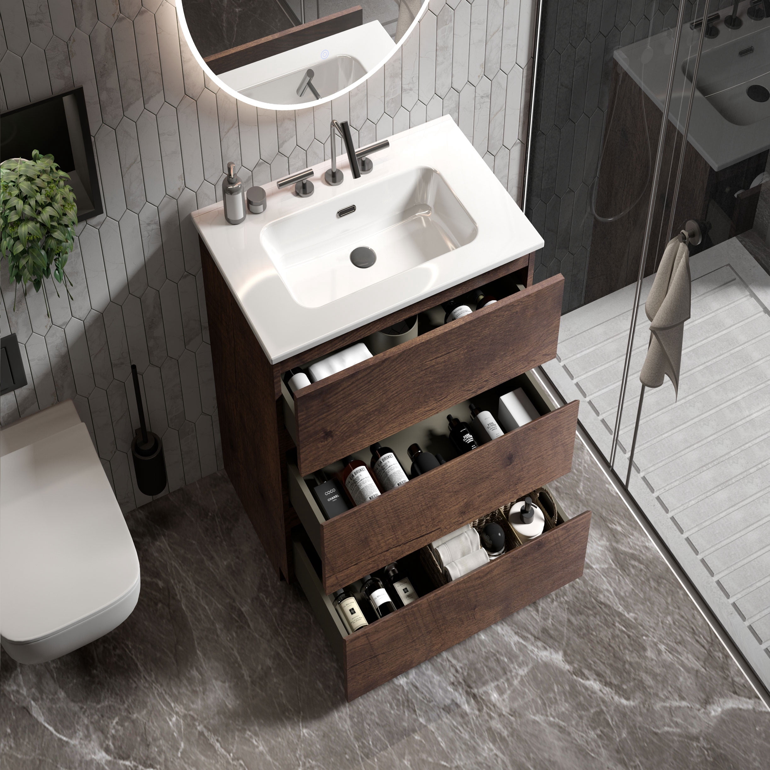 CITTANEO 24" Bathroom Vanity with Ceramic Sink, Contemporary Bathroom Cabinet with 3 Drawers, Walnut