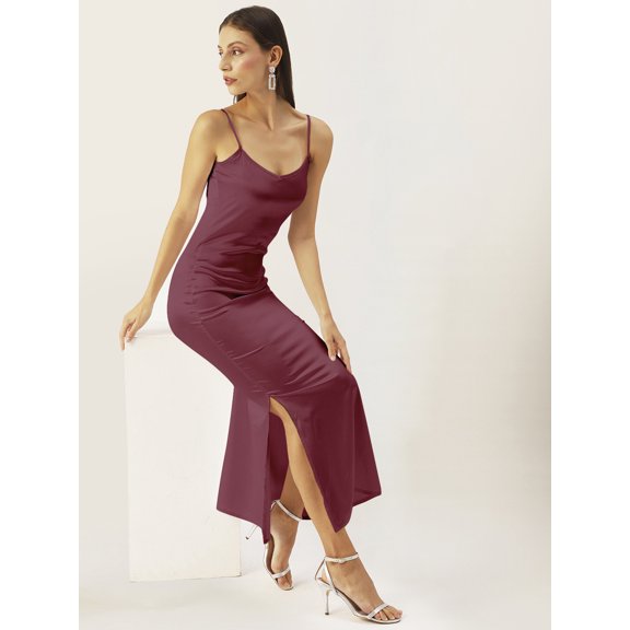 DressBerry Women's Solid Satin Ankle Length Dress Strappy Shoulders Sleeveless High Rise Round Neck Single Side Slit Western Style Gown Dress