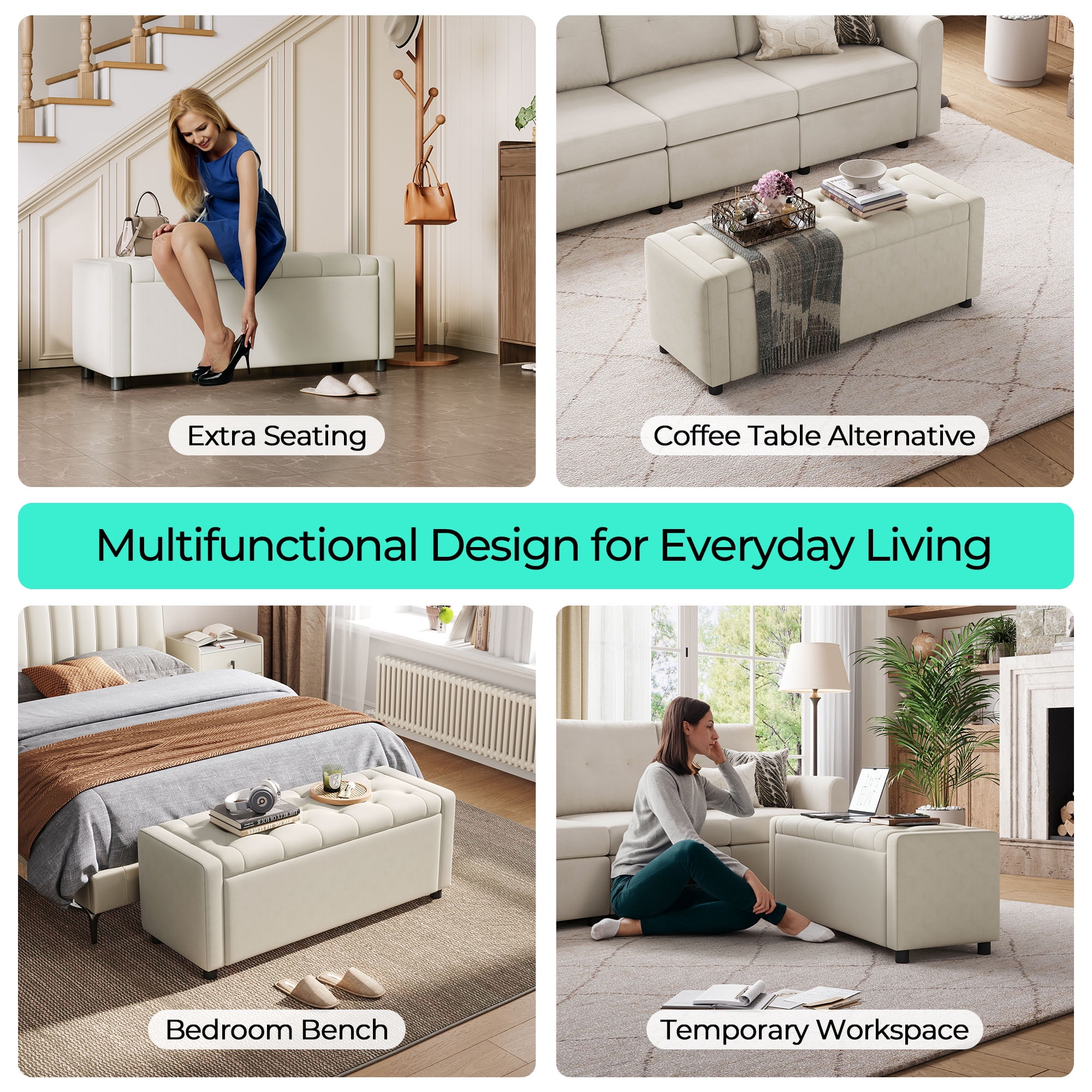 Linsy Home 50" Ottoman with Storage for Living Room, Velvet Storage Ottoman Bench with Gas Lift, Beige