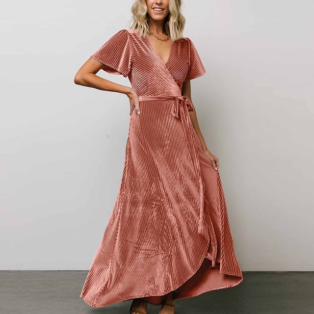Gspmoly Robes Décontractées pour Femmes, Mode Femme Aguichant Été à Rayures Col en V Manches Courtes Couleur Unie Soirée Formelle Longue Robe Robe de Cocktail Offres Hebdomadaires