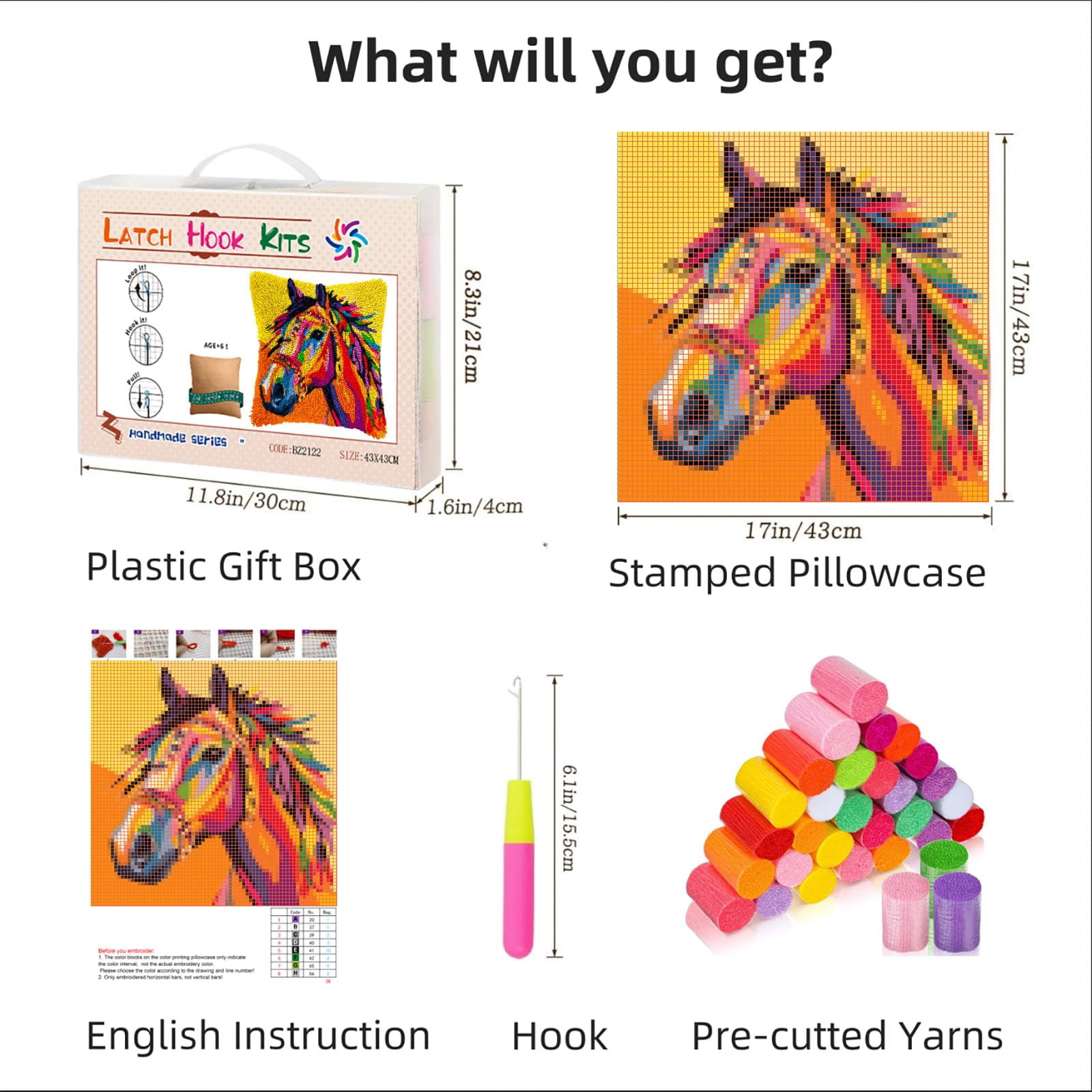 Colorful War Horse DIY Latch Hook Pillow Kits for Adults Printed Pillowcase Crochet Yarns Hooking Handmade Pillow Cover Cushion for Home Sofa Decoration 17x17inch