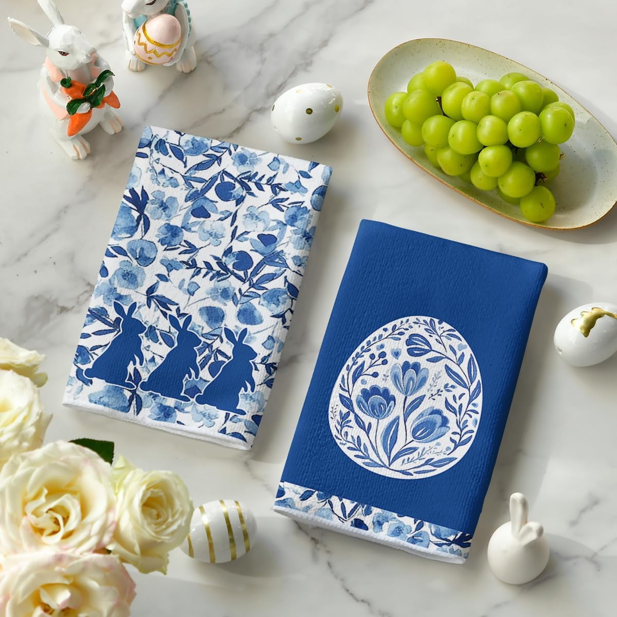 Blue Rabbits Bunny Bow Easter Kitchen Towels Dish Towels, 18x26 Inch Celadon Spring Farmhouse Holiday Decoration Hand Towels Set of 4