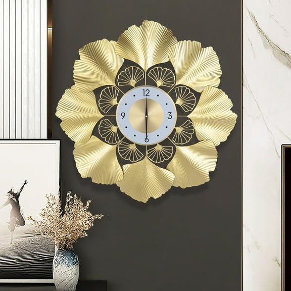 70cm Gold Round Ginkgo Biloba Wall Clock Large Wall Watch Living Room Home Decor for Home, Office, Hall