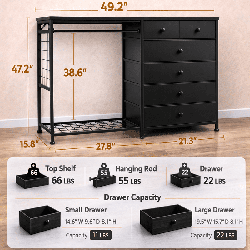 Simple Deluxe Storage Clothes Rack with 6 Drawers, Charging Station & LED Lights, Fabric Chest Shelves Clothing Rack, Wooden Portable Wardrobe Closet, 49.2" W x 15.7" D x 47.2" H, Black