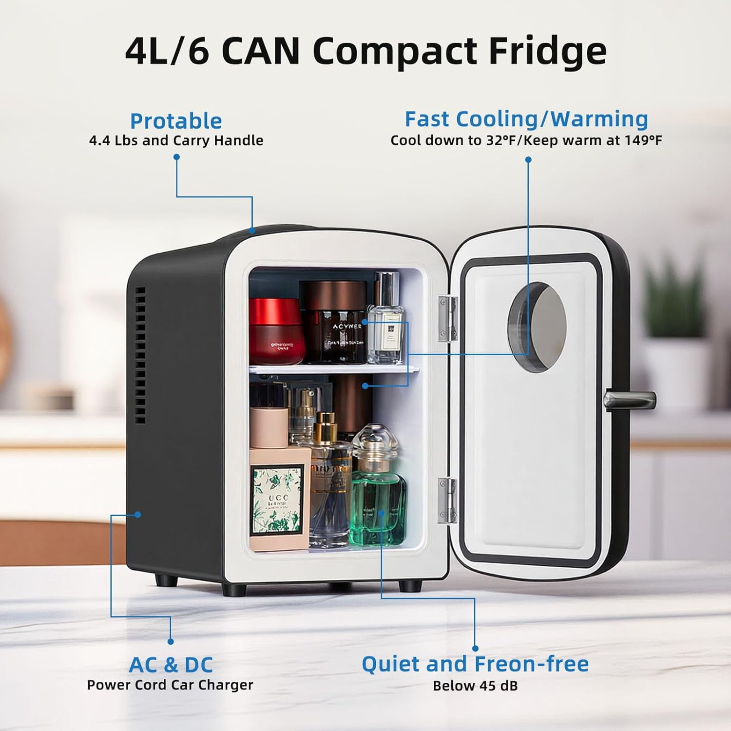 FREE VILLAGE Mini Fridge for Bedroom,4L/6 Cans Small Refrigerator No Freezer for Skincare,Makeup,With Observation Window,Portable Beverage Drink Cooler and Warmer for Kids,Car,Office,Dorm,Black