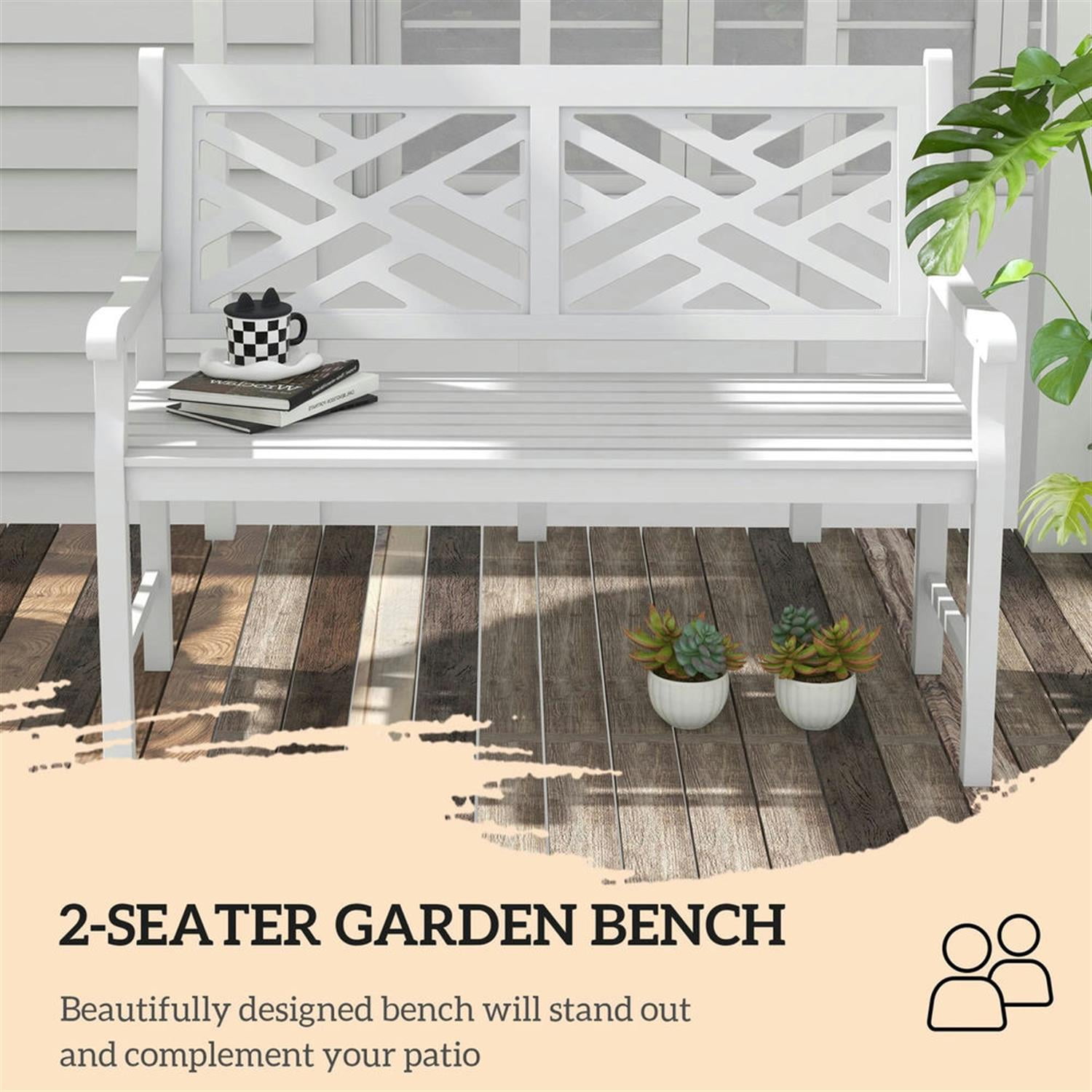 Demi Bonn 46" Large Outdoor Bench with Wooden Slatted Frame, Durable Garden Bench for Patio, Deck, White