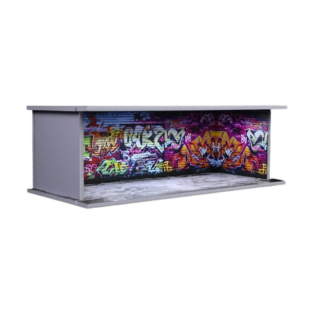 Vitrina de garaje a escala 1:64 con ruedas de metal fundido, fondo de vitrina, escena realista. Muro de grafitis