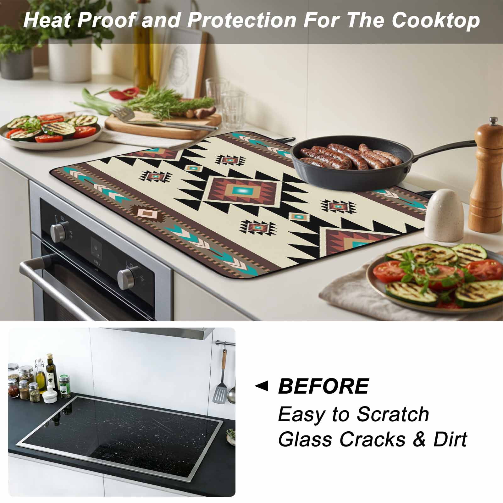 Southwest Geometric Stove Top Cover for Electric Stove, Heat-proof & Non Slip Glass Top Stove Cover Protector, Brown Mexican Aztec Boho Tribal Kitchen Flat Cooktop Rubber Mat 24x21 Inches