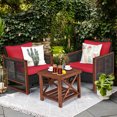 thumbnail image 4 of Patiojoy 3-Piece Patio Rattan Bistro Set Acacia Wood Frame Sofa and Side Table Red, 4 of 8