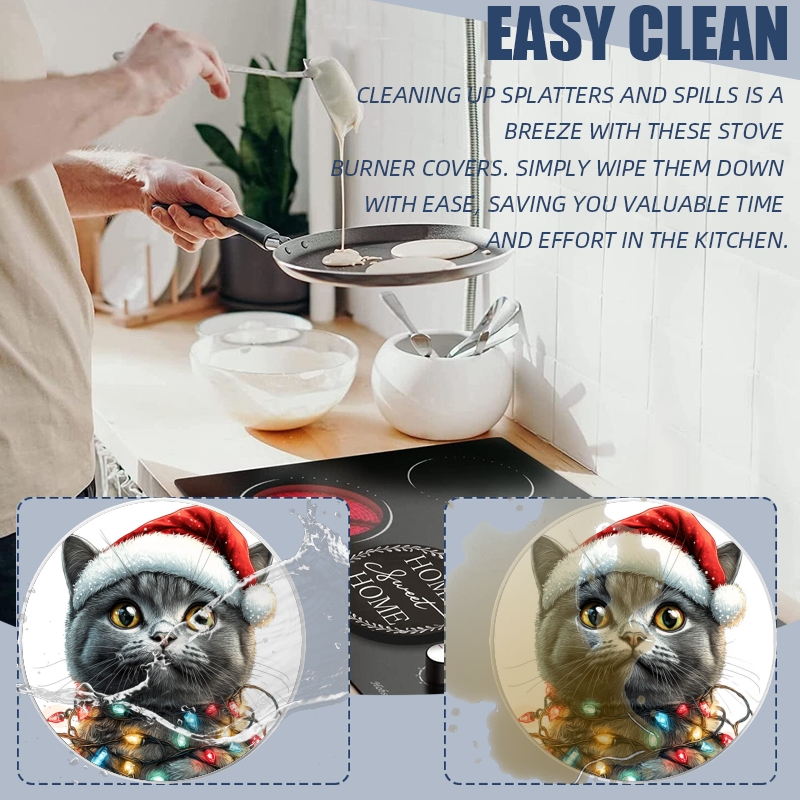 Christmas Burner Covers for Electric Stove, Black Cute Cat with Christmas Lights Round Xmas Decorative Metal Stove Burner Cover Kits Set of 4 for Kitchen, 8 Inches and 10 Inches