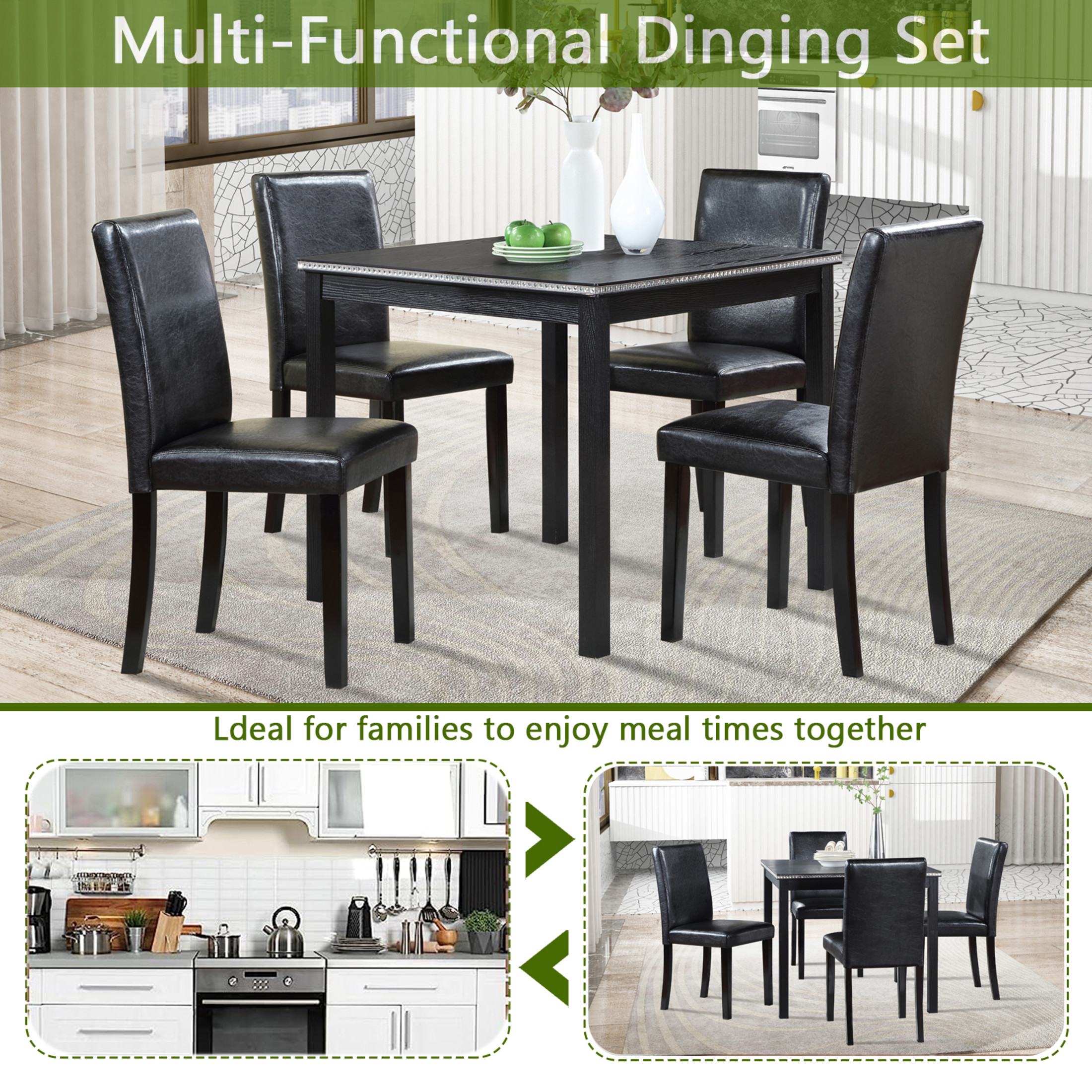 Noble House 5-Piece Wooden Dining Set, Square Table with Crystal Trim and PU Leather Upholstered Chairs, Black