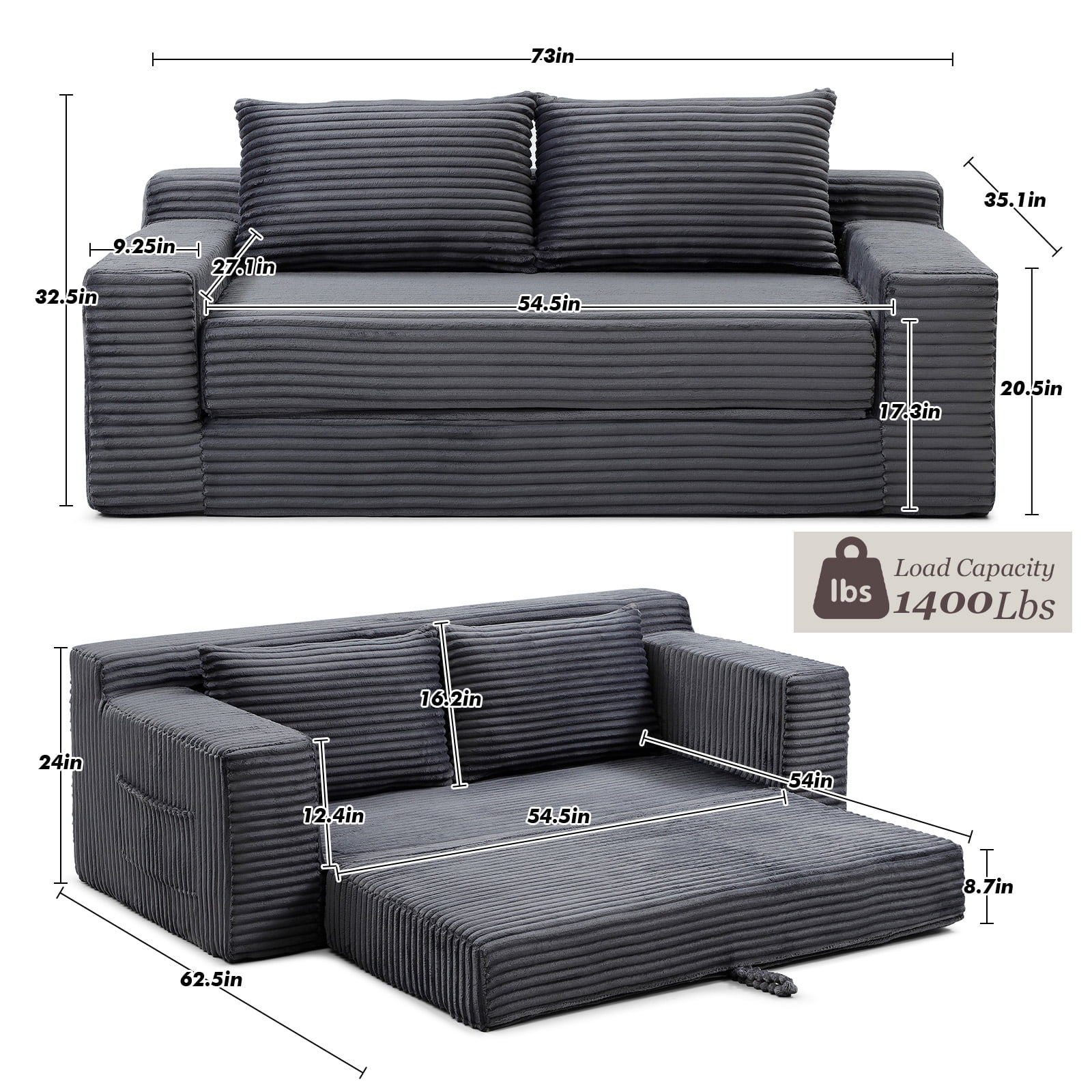 Memory Foam Cloud Sofa Bed 2-in-1 Couches No Assembly Corduroy Small Space Apartment Living Room,Grey