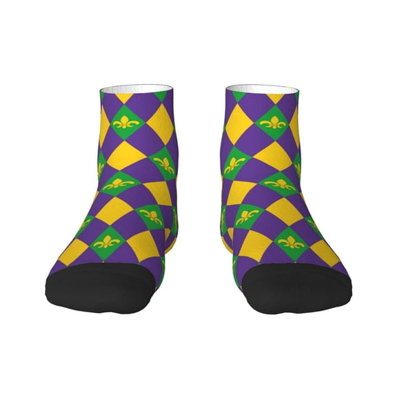 Rateoe Mardi Gras Pattern Quarter Crew Socks,Toe Seamed Ankle Socks,Cotton Cushioned Breathable Athletic Crew Sports Socks