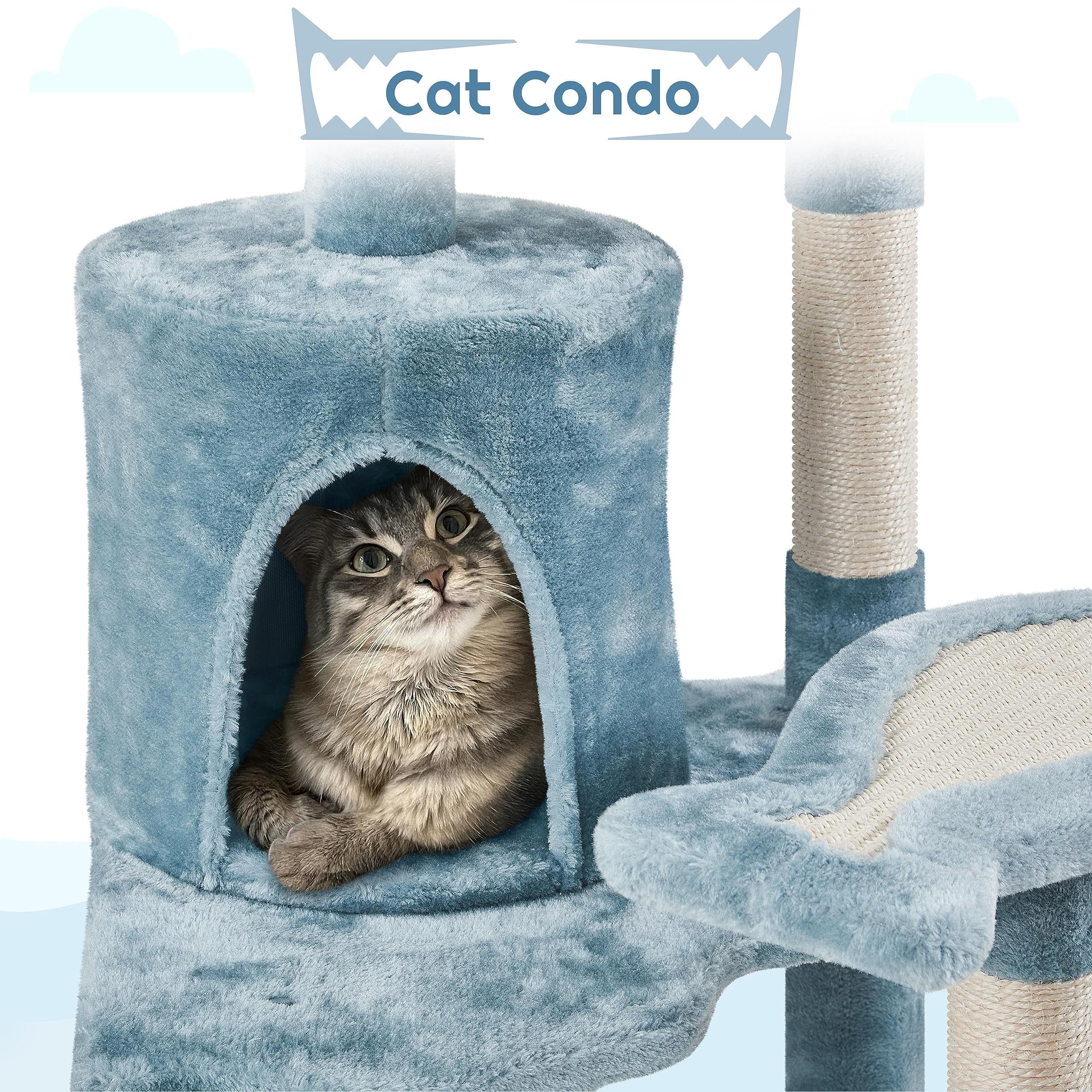 Multi-Level Cat Tree Ocean Theme 61in Tall Climbing Tower with Sisal Scratching Posts Shark Perch Condo Round Entrance Hammock for Indoor Cats, Blue