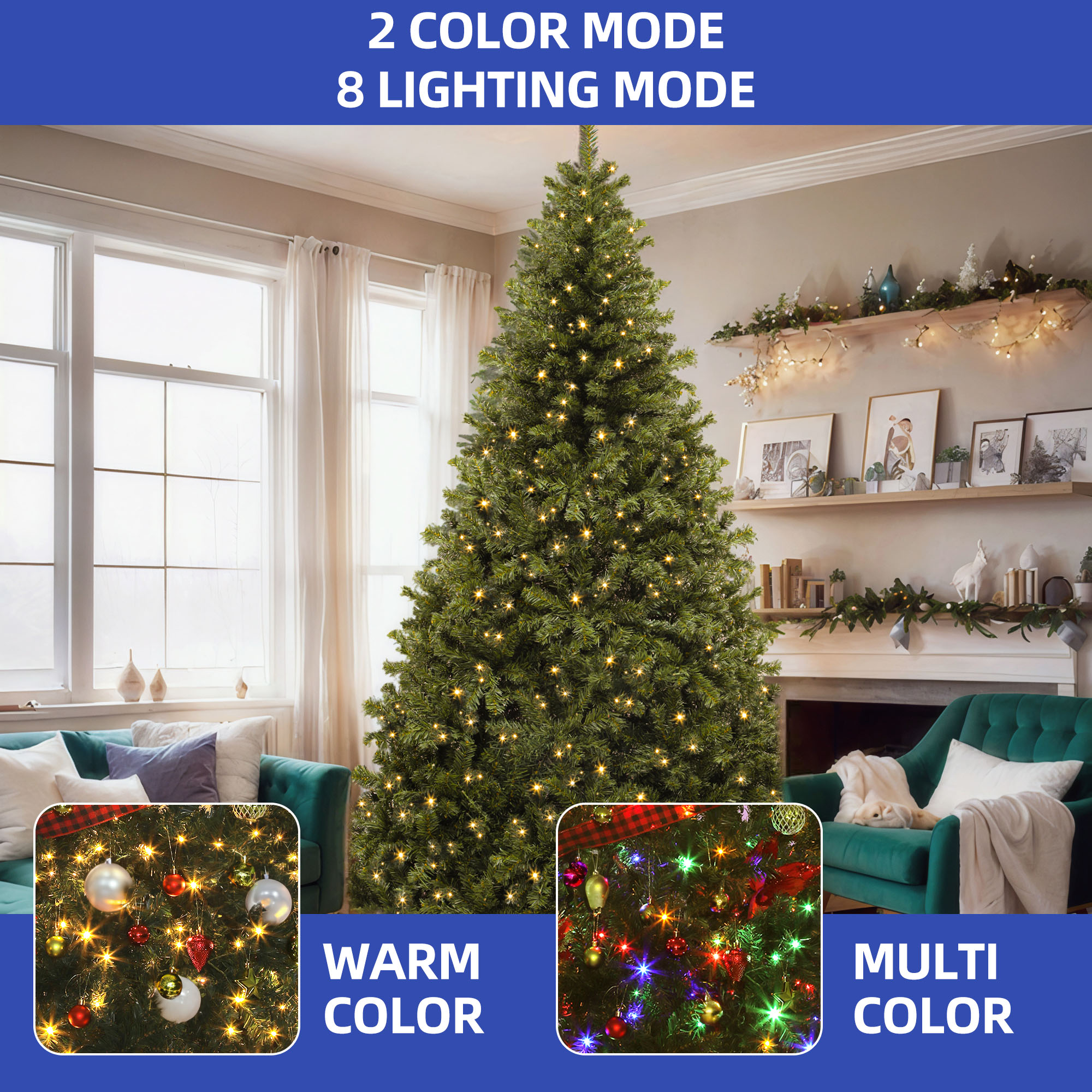 ModFusion 7.5ft Pre-Lit Artificial Christmas Tree, Holiday Decoration with 1346 Branch Tips, 550 Warm Lights, for Home, Office, and Party, Green